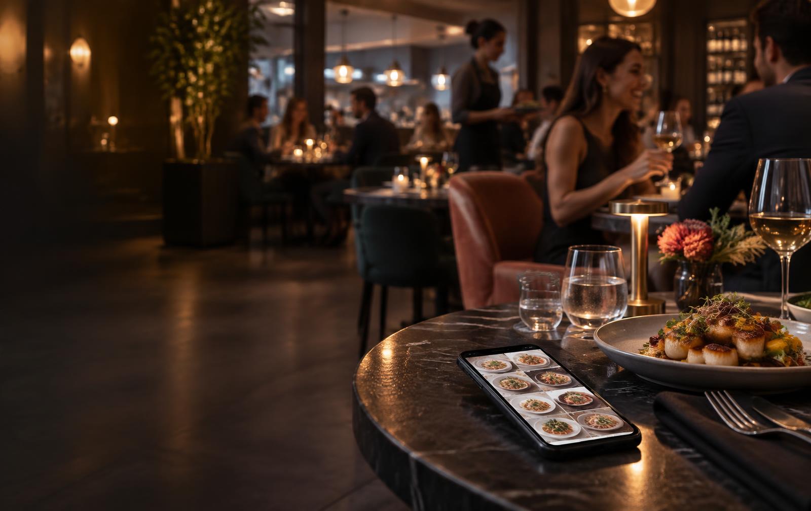 Sample restaurant scene with a digital menu on a table